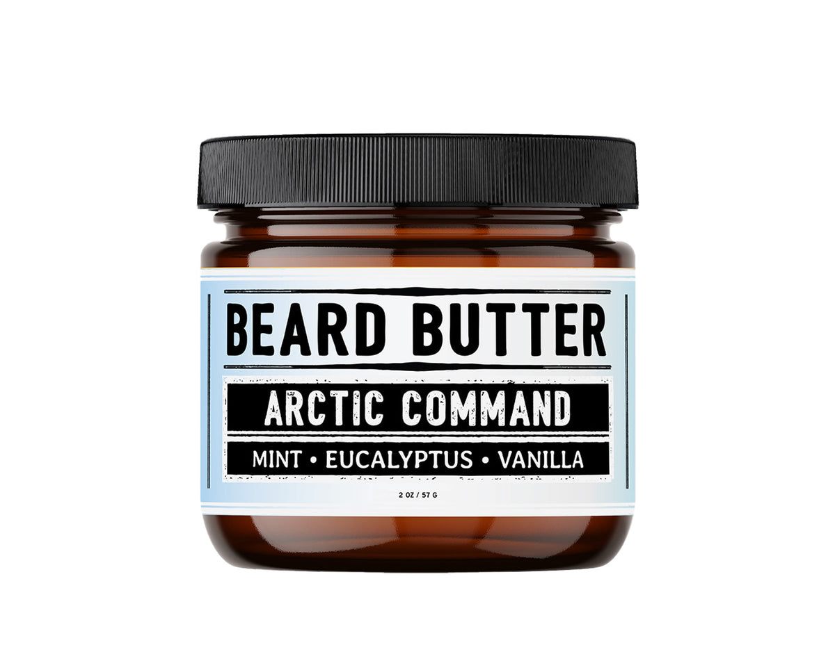 Arctic Command Beard Butter in a 2 oz glass jar with invigorating peppermint, eucalyptus, and vanilla scent for deep conditioning
