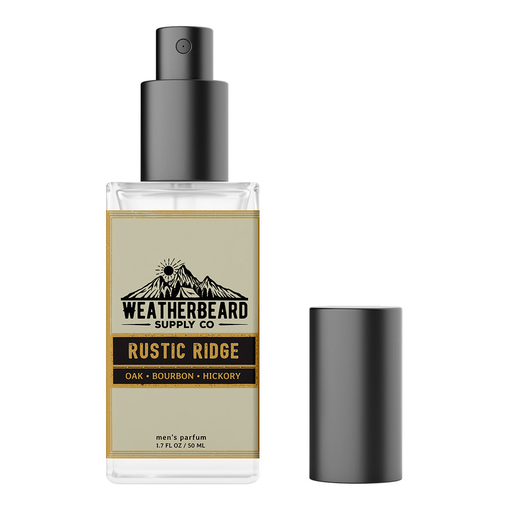 Rustic Ridge 50ML Spray Parfum bottle with oak, bourbon, and hickory notes, capturing the rugged sophistication of a secluded cabin retreat.