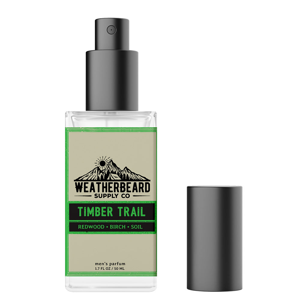 Timber Trail 50ML Spray Parfum bottle with redwood, birch, and earthy soil scent, a woodsy fragrance for nature lovers